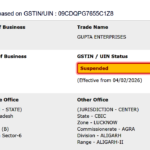 GST portal search result showing Gupta Enterprises GSTIN 09CDQPG7655C1Z8 as suspended effective 04/02/2026