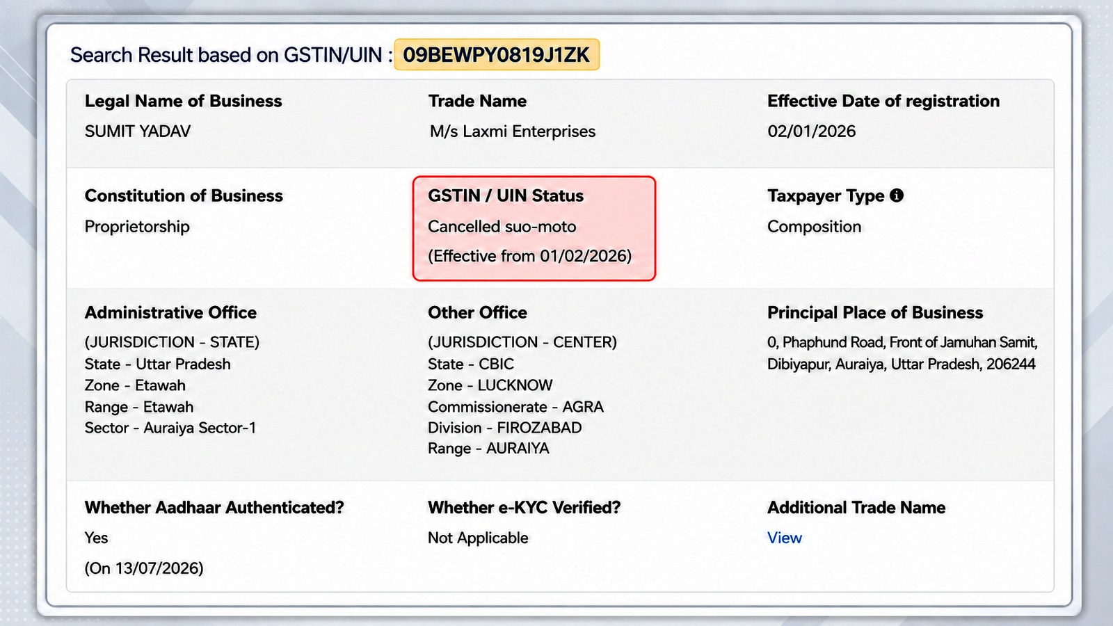 M/s Laxmi Enterprises GSTIN 09BEWPY0819J1ZK status — Cancelled suo-moto, effective from 01/02/2026