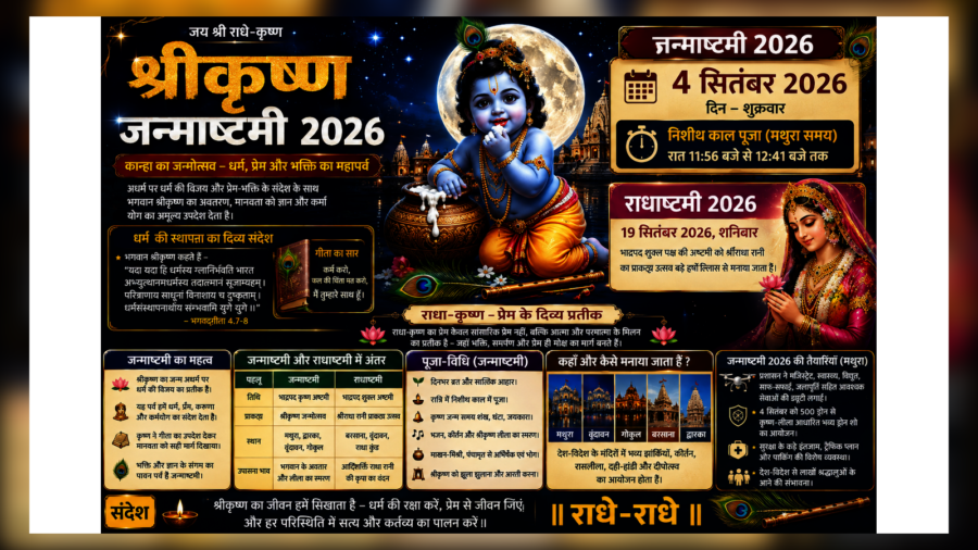 श्रीकृष्ण जन्माष्टमी 2026: 4 सितंबर को कान्हा का जन्मोत्सव, 19 सितंबर राधाष्टमी—राधा-कृष्ण भक्ति का गहरा अर्थ