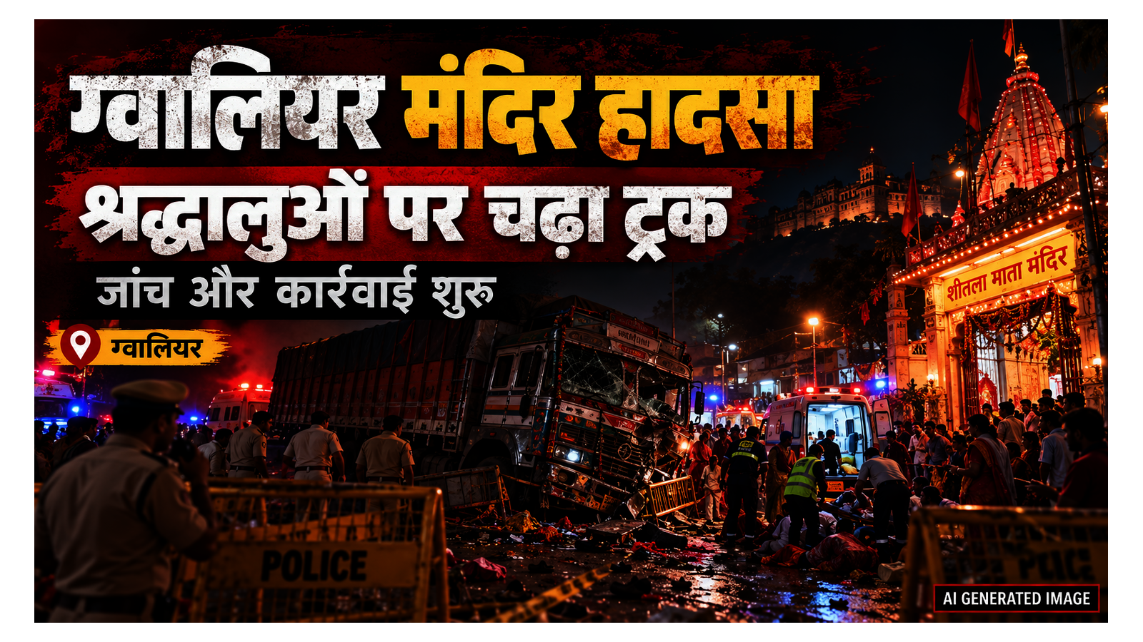 ग्वालियर शीतला माता मंदिर के पास ट्रक हादसे का एआई-निर्मित प्रतीकात्मक समाचार ग्राफिक